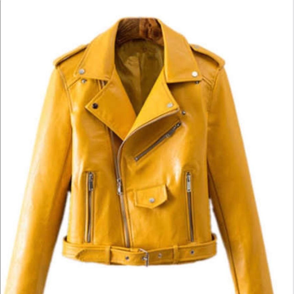 Yellow Fake Leather Biker Jacket